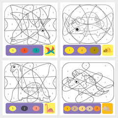 Set of cute dino coloring page for kids. Printable design coloring book. Coloring puzzle with numbers of color