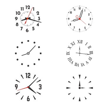 Clock face with hands and roman or arabic dial numerals, vintage and high tech styles. Vector illustration set