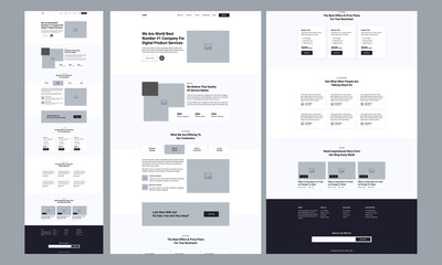 One page website design template for landing page wireframe. Modern responsive design. website: home, about us, pricing table, blog, testimonials, footer. - obrazy, fototapety, plakaty