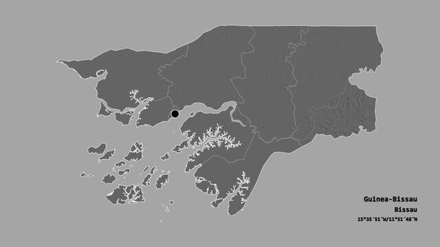 Quinara, region of Guinea-Bissau, with its capital, localized, outlined and zoomed with informative overlays on a bilevel map in the Stereographic projection. Animation 3D