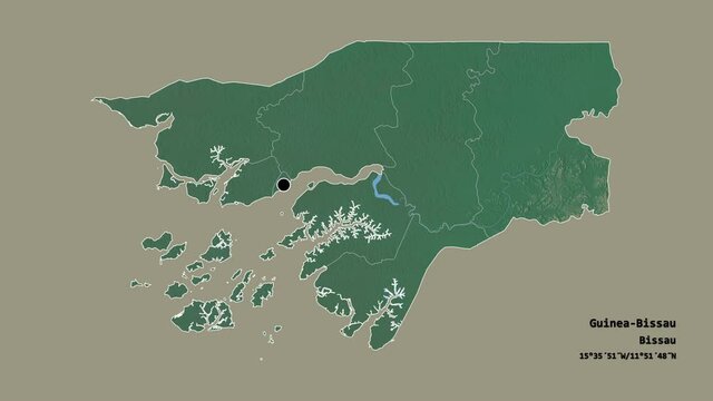 Quinara, region of Guinea-Bissau, with its capital, localized, outlined and zoomed with informative overlays on a relief map in the Stereographic projection. Animation 3D