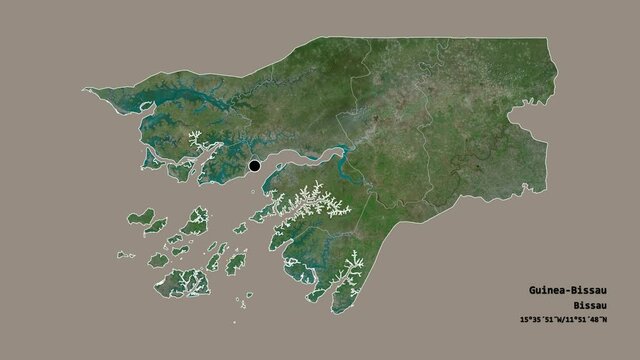 Quinara, region of Guinea-Bissau, with its capital, localized, outlined and zoomed with informative overlays on a satellite map in the Stereographic projection. Animation 3D