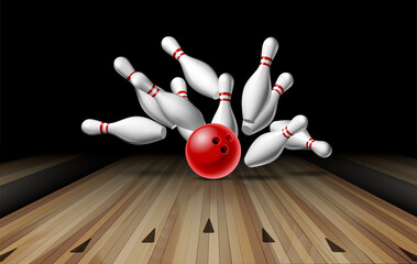 Fototapeta na wymiar Red Bowling Ball crashing into the pins on bowling alley line. Illustration of bowling strike