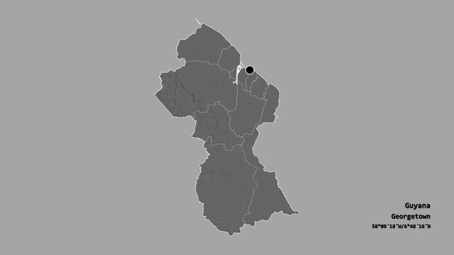 Barima-Waini, region of Guyana, with its capital, localized, outlined and zoomed with informative overlays on a bilevel map in the Stereographic projection. Animation 3D