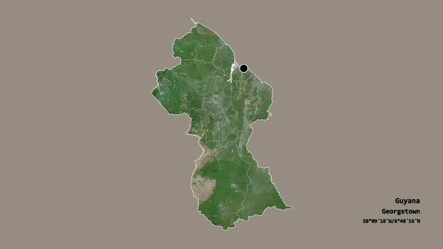 Barima-Waini, region of Guyana, with its capital, localized, outlined and zoomed with informative overlays on a satellite map in the Stereographic projection. Animation 3D