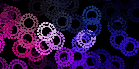 Dark pink, green vector background with covid-19 symbols.