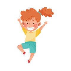 Girl Character with Red Hair Jumping High with Joy and Excitement Vector Illustration