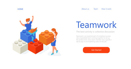 Isometric people in office build something with blocks. Teamwork cooperation in the quarantine.Bricks puzzles. People with medical masks. Web page template