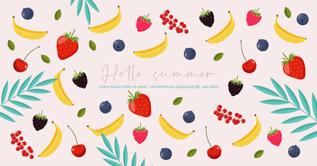 Collection of cute summer elements, tropical banner, berry, banana, strawberry, tropical leaves objects, summer season card vector