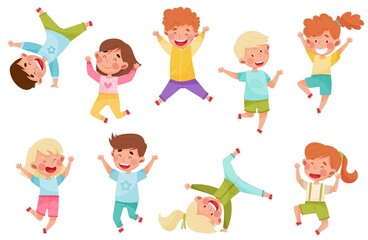 Boy and Girl Characters Jumping High with Joy and Excitement Vector Illustrations Set