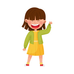 Smiling Girl Character Greeting Waving Hand and Saying Hi Vector Illustration