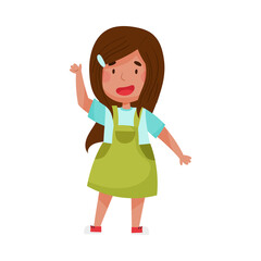 Cheerful Girl Character with Dark Hair Greeting Waving Hand and Saying Hi Vector Illustration