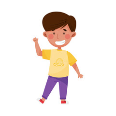 Cheerful Boy Character with Dark Hair Greeting Waving Hand and Saying Hi Vector Illustration