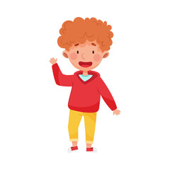 Cheerful Boy Character with Red Hair Greeting Waving Hand and Saying Hi Vector Illustration