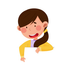 Cute Girl Character with Open Mouth Sitting at Table or School Desk and Speaking Vector Illustration