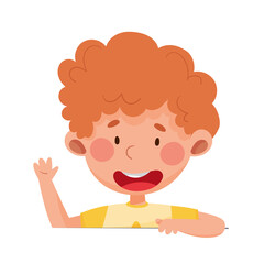 Cute Boy with Open Mouth Sitting at Table or School Desk and Speaking Vector Illustration