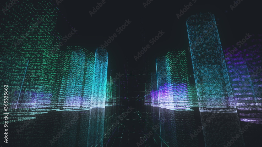 Poster digital technology and business concept background of abstract neon city made of symbols around came