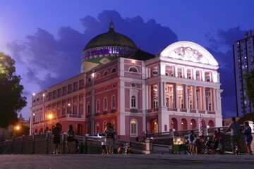 Amazon Theater Manaus at night, famous landmark of the capital of the state of Amazonas, Brazil - built in 1896, during the time of the rubber barons