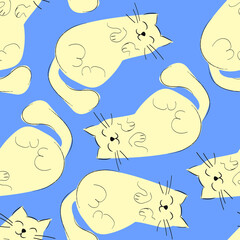 Cute sleeping abstract yellow cat on a blue background. Seamless children's pattern for fabric,textile,pajamas,wrapping paper, cards and other materials.