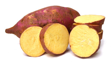 Sweet potato with slices isolated on white background