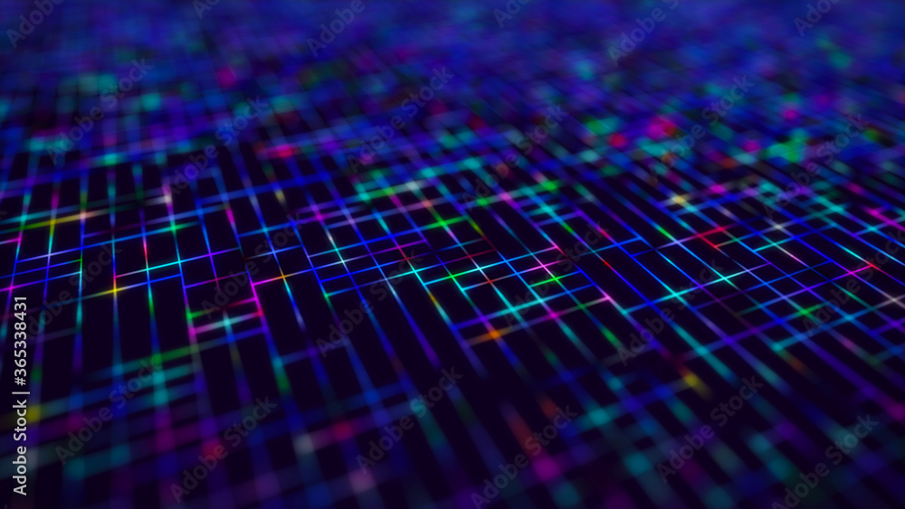 Poster Abstract dark background with shining multicolor wireframe grid. Pespective colorful mesh landscape.