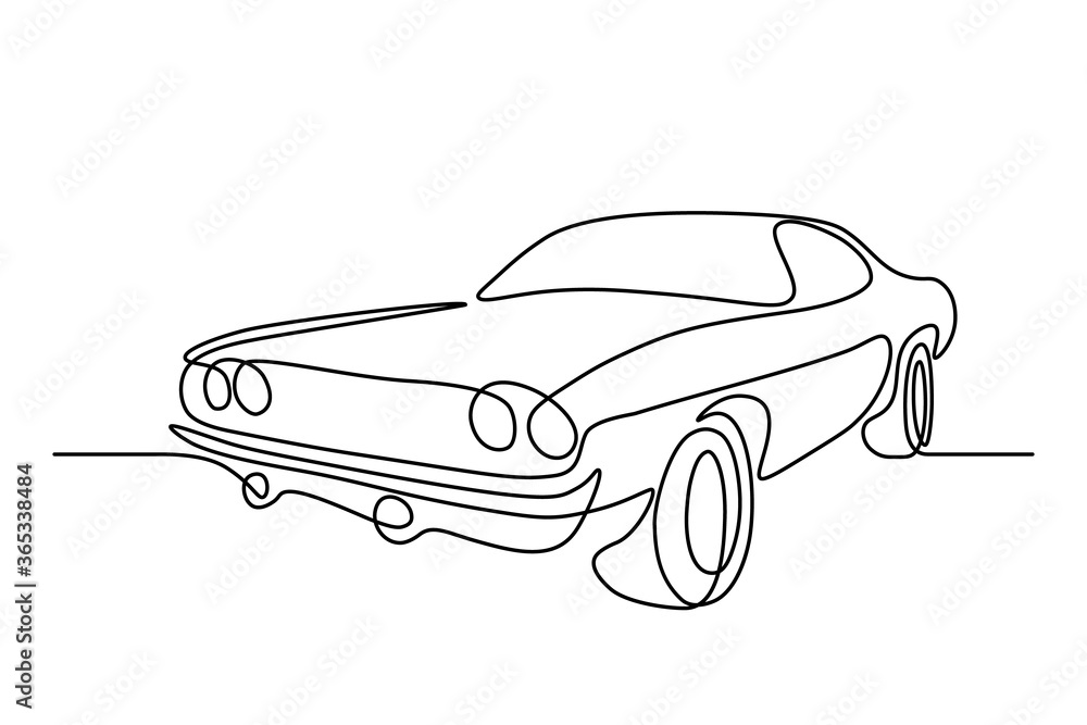 Wall mural Retro car in continuous line art drawing style. Vintage automobile minimalist black linear sketch isolated on white background. Vector illustration