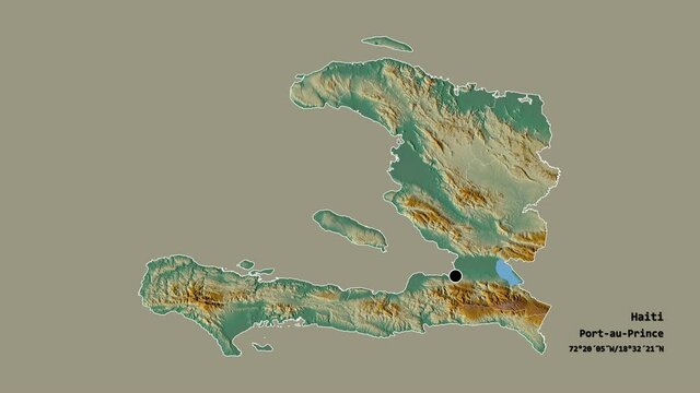 L'Artibonite, department of Haiti, with its capital, localized, outlined and zoomed with informative overlays on a relief map in the Stereographic projection. Animation 3D