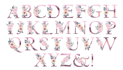 Floral watercolor alphabet with flower bouquets on a white background with roses and peonies.