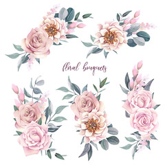 Beautiful flower bouquets with delicate roses and peonies on a white background.