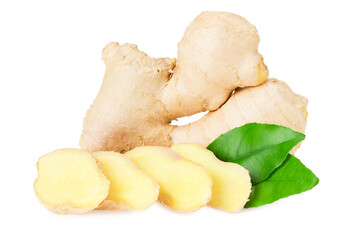 ginger roots with slices and green leaves isolated on white background