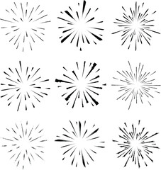 Set of black grunge radial speed lines. Circle form. Explosion background. Star rays. Sunburst. Fireworks. Design element for frames, prints, tattoo, web, template, logo, and textile pattern
