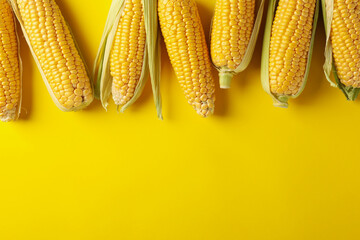 Fresh raw corn on yellow background, top view