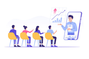 Online Business Training or Courses concept. People sitting at a conference and looking at webinar on smartphone screen. Analysis of infographics. Isolated vector illustration for web, banner, poster