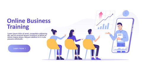 Online Business Training or Courses concept. People sit at a conference and looking at webinar on smartphone screen. Landing page template for website. Isolated vector illustration for web banner
