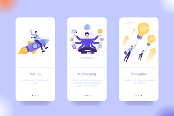 Application design set for Startup, Multitasking and Innovation. UI on boarding screens design. Mobile app template. Modern vector illustrations for user interface