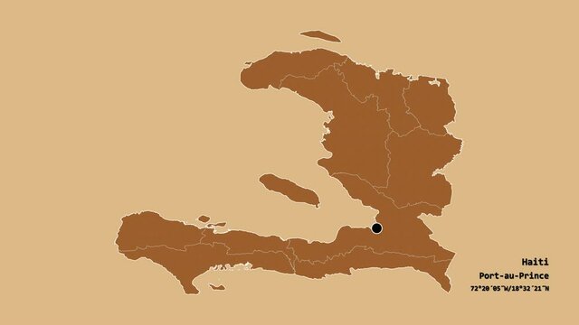 Sud-Est, department of Haiti, with its capital, localized, outlined and zoomed with informative overlays on a solid patterned map in the Stereographic projection. Animation 3D