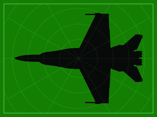 Green radar screen. Military aircraft on the radar. Vector illustration.