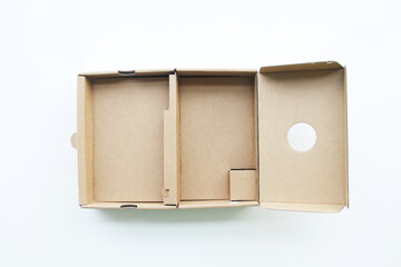 Isolated open cardboard box packing  in white background, Sao Paulo, Brazil