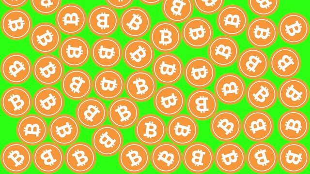 Orange bitcoins falling from above and filling the entire screen. Green screen can be removed with color key effect. Additional Luma Matte included.