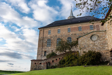 Medieval castle Akershus Fortress on bright sunny autumn day in Oslo, Norway. European fort structure landmark