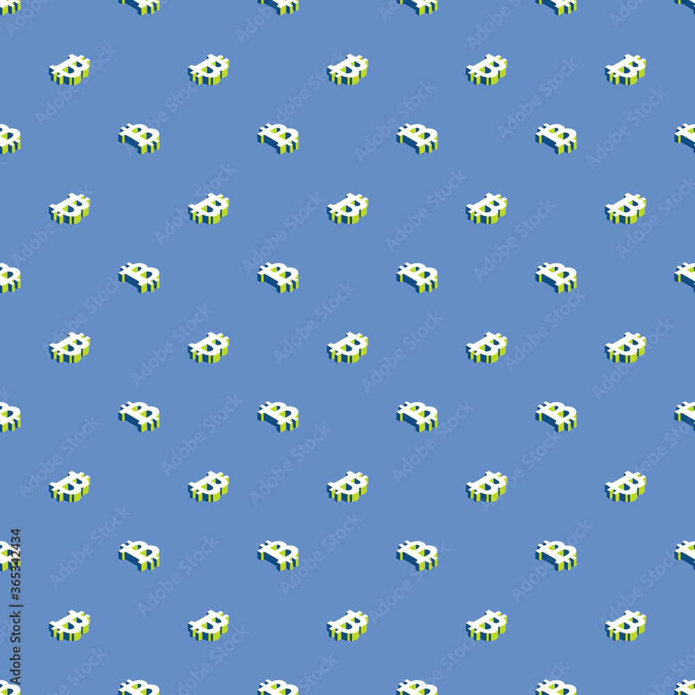 Aufkleber isometric symbols of cryptocurrency bitcoin with green elements seamless pattern on a blue backgroun