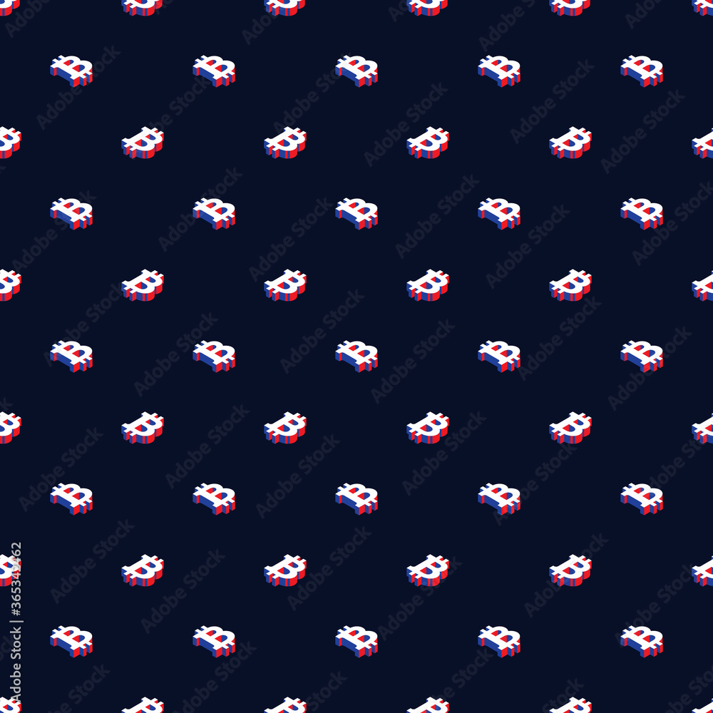 Aufkleber isometric symbols of bitcoin cryptocurrency in blue-red-white colors on a dark background. modern se