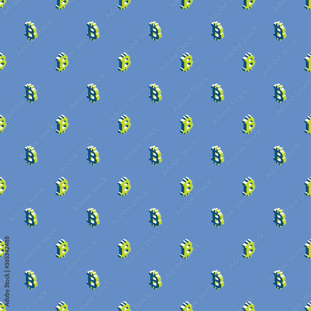 Aufkleber isometric symbols of cryptocurrency bitcoin with green elements seamless pattern on a blue backgroun