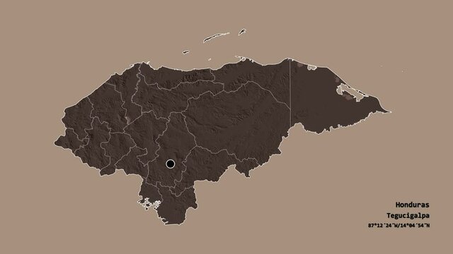 Comayagua, department of Honduras, with its capital, localized, outlined and zoomed with informative overlays on a administrative map in the Stereographic projection. Animation 3D