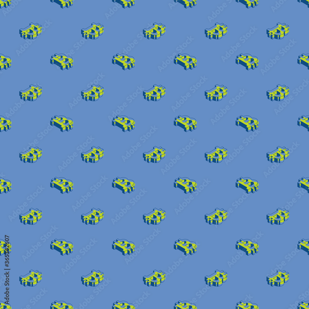 Aufkleber isometric symbols of cryptocurrency bitcoin with green elements seamless pattern on a blue backgroun