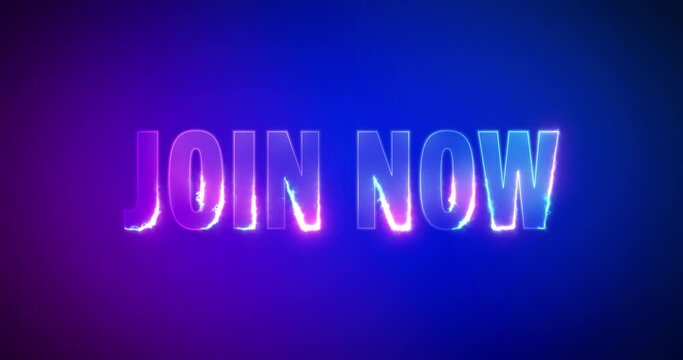 Join now. Electric lightning words. Burning Logotype on purple blue background. High quality 4k footage