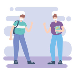 people with medical face mask, man and woman talking keep distance, city activity during coronavirus