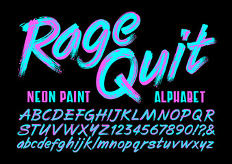 A Brightly Colored Painted Script Alphabet in Neon Magenta and Teal Hues. This Font Has an Edgy Vibe that is Reminiscent of 1980s Graphics. - obrazy, fototapety, plakaty