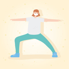 people with medical face mask, young woman practicing exercise stretching, city activity during coronavirus