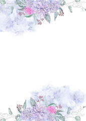 Postcard template made of peony flowers. Watercolor illustration